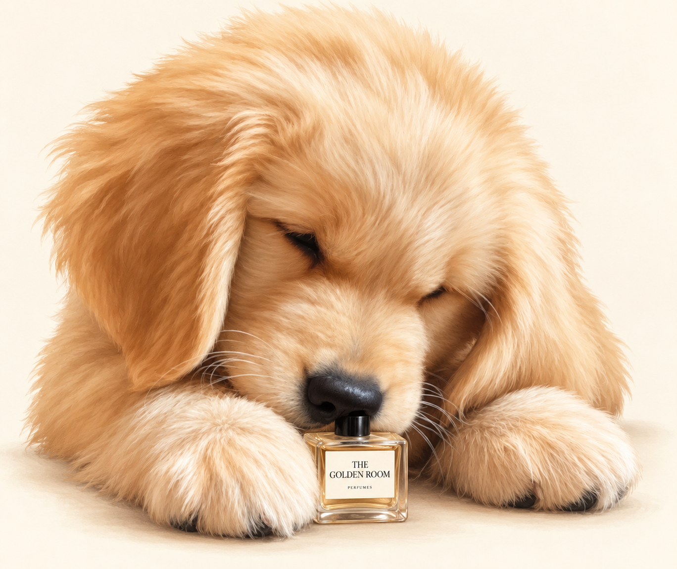 Cartoon golden retriever puppy resting beside a The Golden Room perfume bottle